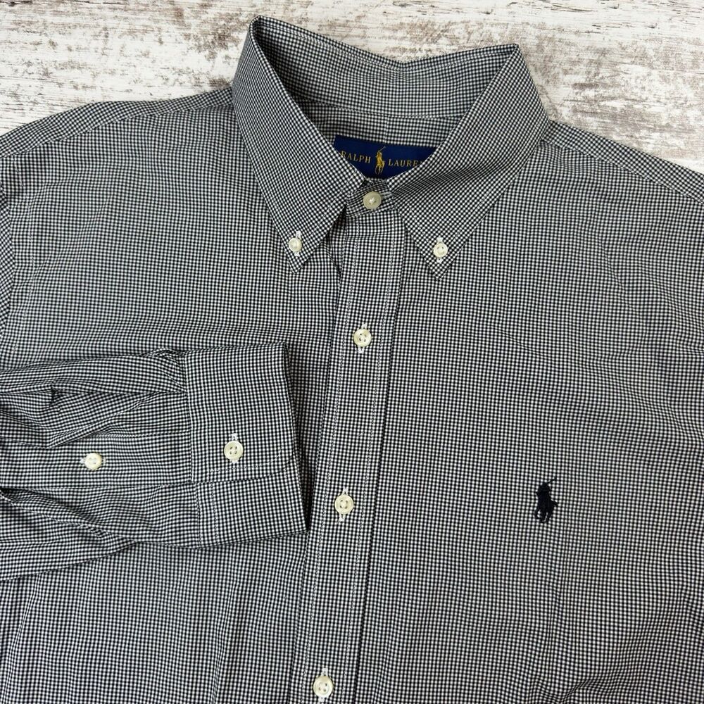 Polo Ralph Lauren Shirt Mens L 16.5 Black White Gingham Check Stretch Poplin LS